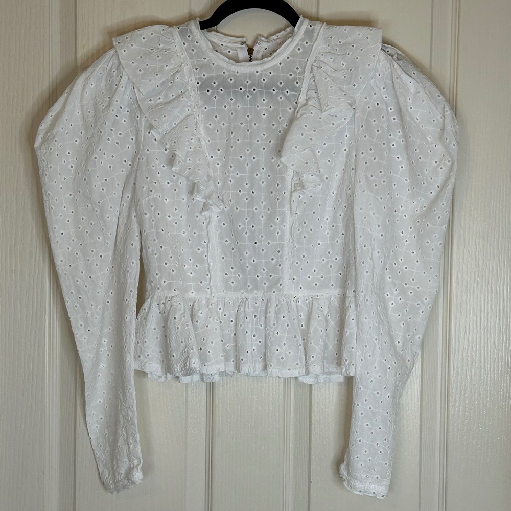 Olivaceous White Eyelet Lace Puff Sleeve Peplum Blouse Ruffle Top Womens Medium